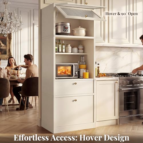 Image of 71 inch Tall Pantry Cabinet with Microwave Shelf & Coffee Station White | Extra Deep Storage Hutch,Adjustable Shelves,Hydraulic Lift Door,Cable Management,Drawer,Anti-Tip,Freestanding,Kitchen Storage