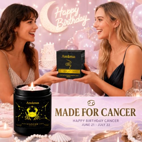 Image of Cancer Zodiac Candles with Pink Opal Crystals, Cashmere Lavender | Astrology Cancer Birthday Gifts for Women Men, Black Gift Box, 7 oz Soy Candle, 50 Hour Burn Time, Black Jar
