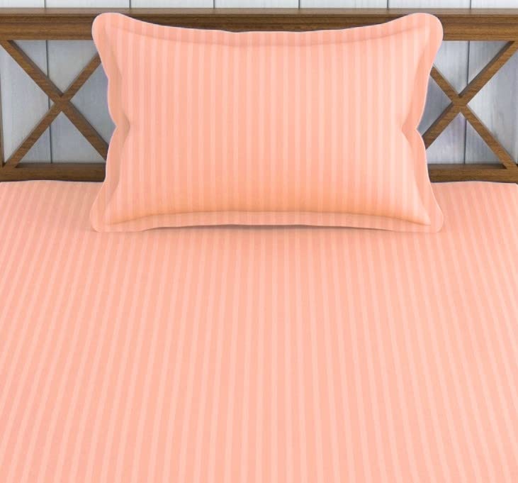Image of Trance Home Linen 100% Cotton 72x30 inch Single Fitted 200TC Satin Stripe Elastic Fitted Bedsheet | Single Bed Size Daily use Fitted Bedspread with 1 Pillow Covers (72 inchx30 inch | 6x2.5 feet,Peach)