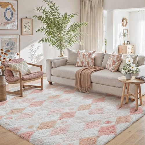 HUGEAR Tappeto Salotto 140x200cm Pelo Lungo Grande Rosa Bianco Morbido Tappeti Antiscivolo Moderno Camera da Letto Cucina Sala Scendiletto Esterno Bambina Tappeti Rombi Geometrico