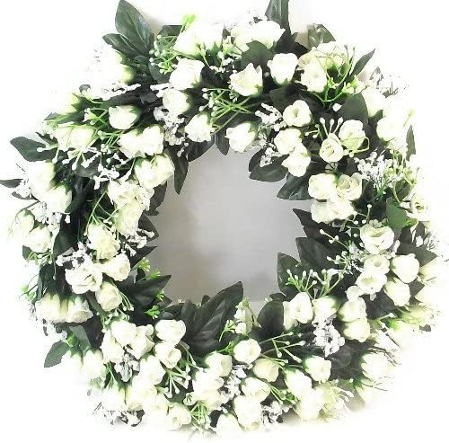 42cm Artificial Cream / Ivory Rose Wreath for in or outdoors - Home Grave Wedding