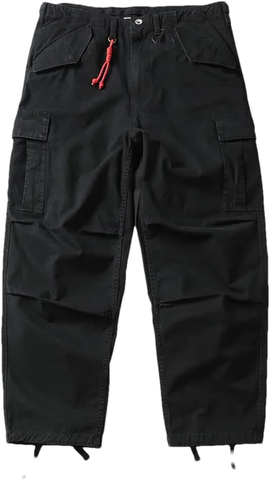 Men’S Washed Cargo Pants Retro Loose Wide Leg Drawstring Jogger Trousers with Multi-Pocket