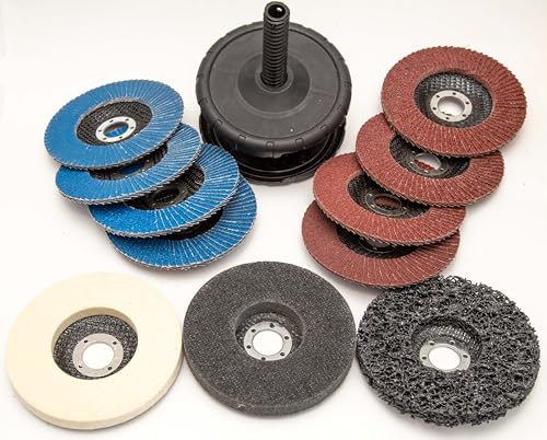 Lot de 11 disques à lamelles et de polissage de 125 x 22,23 mm. 1 disque de nettoyage grossier, 1 disque de polissage en feutre de laine, 1 éponge de polissage, 4 disques à lamelles AO, 4 disques à