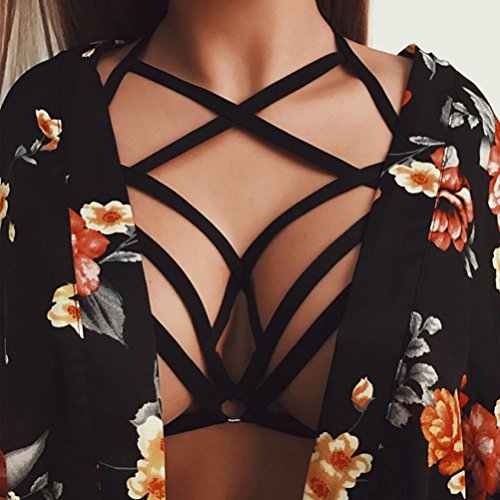Napoo Women Lingerie,Elastic Cage Bra Hollow Bandage Strappy Halter Bra (M) Black #TOP1