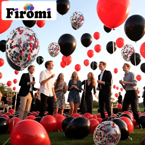 Image of Firomi Red and Black Latex Balloons 12 Inch 70 pack Set (with 2 Ribbons)
