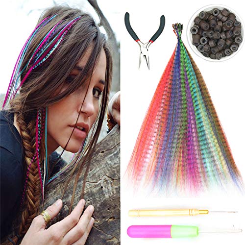 SHUOHAN 40 Pieces Synthetic Feather Hair Extensions With 100Pcs Silicone Hair Beads 2 Crochet Hooks and 1 Professional Kit Pliers Feathers for Hair (40PCS/13COLORS)