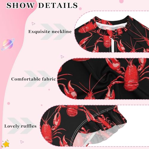 ALAZA Funny Lobster Red Black Girls One Piece Swimsuit Long Sleeve Rash Guard Swimsuits UV 50+ Swimwear Zipper4