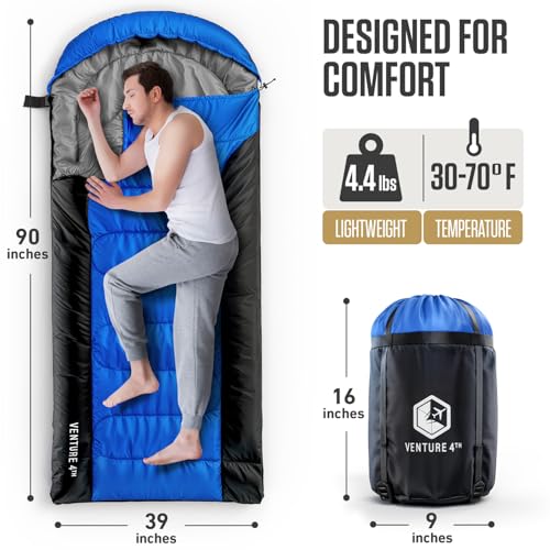 VENTURE 4TH 3-Season XXL Backpacking Sleeping Bag, Camping Sleeping Bags for Adults & Kids - Lightweight, Comfortable, Water Resistant, Ideal for Hiking, Camping & Outdoor – Blue/Black - Image 2