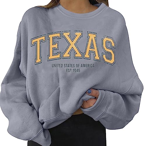 Image of Womens 2025 Texas Sweatshirts Letter Print Loose Fitting Trendy Hoodies Relaxed Fit Loose Fit Solid Color Crewneck Long Sleeve Crew Neck Backwoods Tops Cute Sweatshirts Trendy Cool Grey