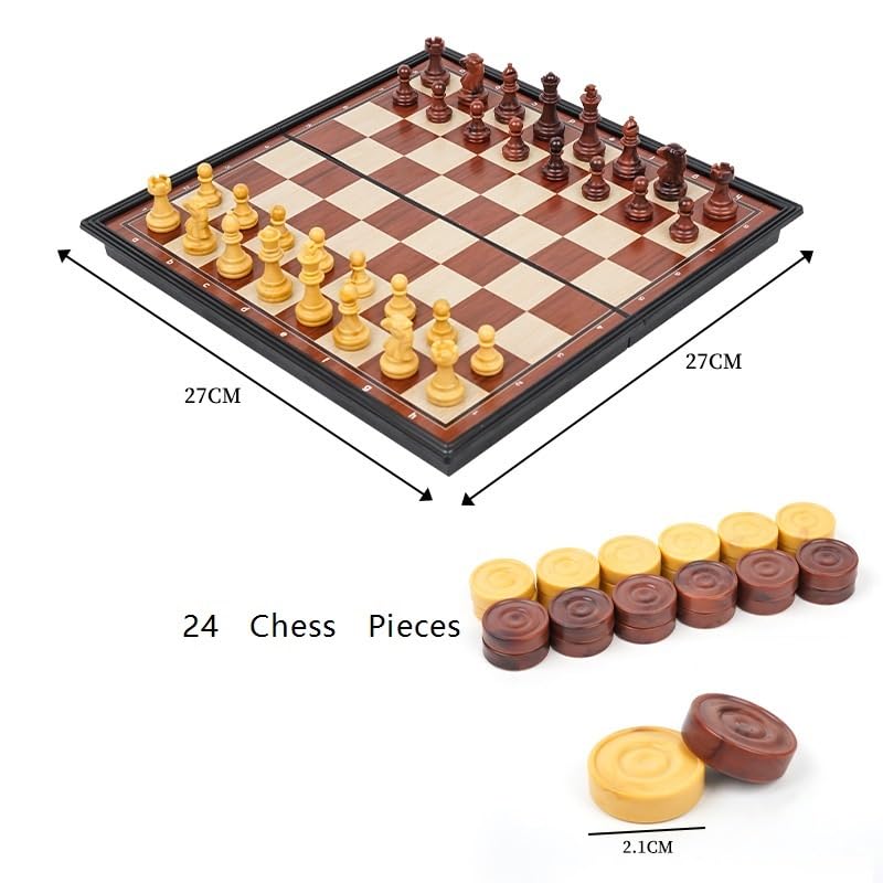 Set di scacchi 2 in 1 e scacchiera magnetica pieghevole in plastica, gioco da tavolo da viaggio, classico giocattolo di strategia for bambini, adulti e principianti scacchiera portatile(27 * 27cm)