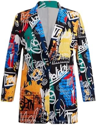 WDIRARA Women's Plus Size Lapel Collar Open Front Graffiti Graphi...