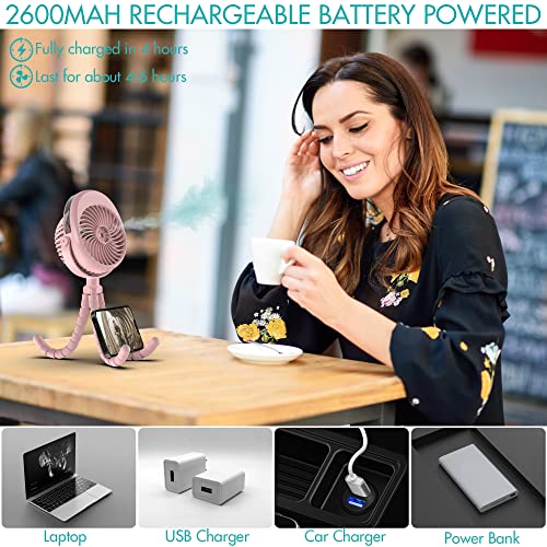 Misting Stroller Fan, 2500Mah Battery Powered Personal Desk Air Circulator Fan With Flexible Tripod, Ultra Quiet 3 Speed 270° & 360° Rotatable Usb Fan For Stroller Office Camping Hurricane Outage,Pink #TOP4