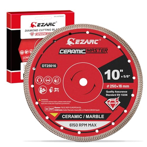 EZARC 10 Inch Super Thin Diamond Saw Blade, 10' Diamond Saw Blades for Angle Grinder, Smooth Cutting for Porcelain Ceramic Granite Marble-5/8 Arbor (1-Pack)