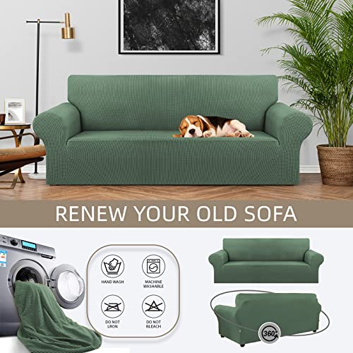 KEKUOU Stretch Sofa Cover Slipcover ,Couch Covers for 3 cushion couch sofa pet friendly (78"-94") Furniture Protector Sofa with Elastic Bottom for Kids,Dog, Jacquard Small Checked(Large,Greyish Green)