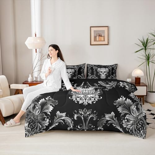 Gothic Skull 7 Pieces Comforter Set Full Size,Grey Floral Skeleton Halloween Bedding Set,Victorian Baroque Gothic Bed in A Bag with Comforter,Sheets and Pillowcases,Kids Boys Girls Teens Room Decor