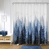 Shower Curtain Mountain Forest Nature Tree Fabric Shower Curtain Set Blue Shower Curtain for Bathroom Water Repellent Shower Curtains Bathtubs Hotel, 72 x 72 inch, Blue