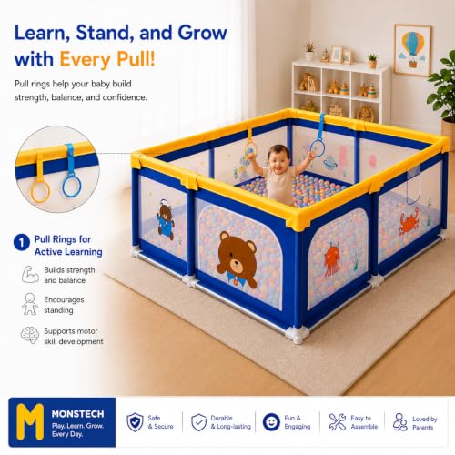 Image of MONSTECH Large Baby Playpen 150x180cm Pit Balls Playpen for Baby up to 5 Years with Anti-Fall Rings, Safety Lock, Breathable Mesh, Kids Activity Center Play Pen (Large-Blue)