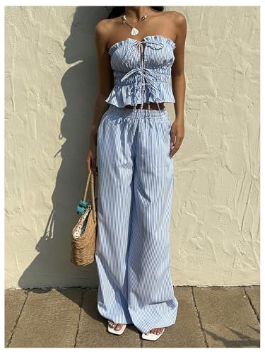 Women's 2 Piece Set Striped Strapless Tie Front Tube Top with Wide Leg Pants Set2