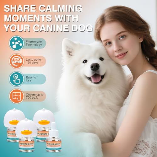 Image of Dog Calming Pheromones Diffuser to Calm Pet 7 In 1 Advanced Kit Appeasing Pheromone Diffuser for Anxiety Relief (3 Plug in+4 Pack 48ml Refill) Reduce Aggression Fighting Barking Stress (Tasteless)