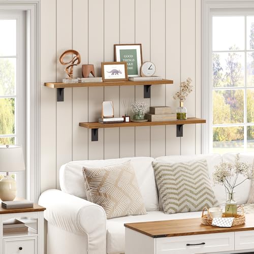 Image of HOOBRO Floating Shelves for Wall, 31.5 inch Wall Mounted Shelves Set of 2, Hanging Storage Shelf with Metal Brackets, Wooden Shelf for Living Room, Bedroom, Bathroom, Rustic Brown and Black BF82BJP201G1