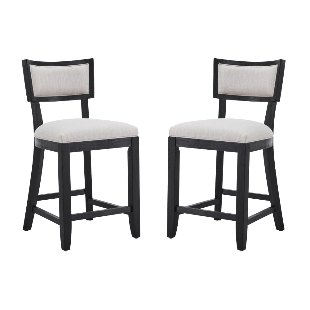 26.5" counter stools set of 2, upholstered counter height bar stools with comfy back, solid rubber wood frame, backrest, footrest, armless barstools for home bar (beige+black + fabric + set of 2)
