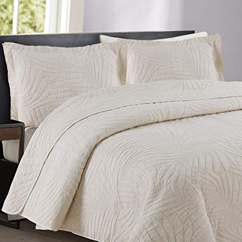 Couvre-lit Dessus De Lit Matelassé 2 Personnes Courtepointe Boutis Jeté De Lit 100% Coton Imprimé Broderie 3 Pièces,Beige-queen:250X270CM