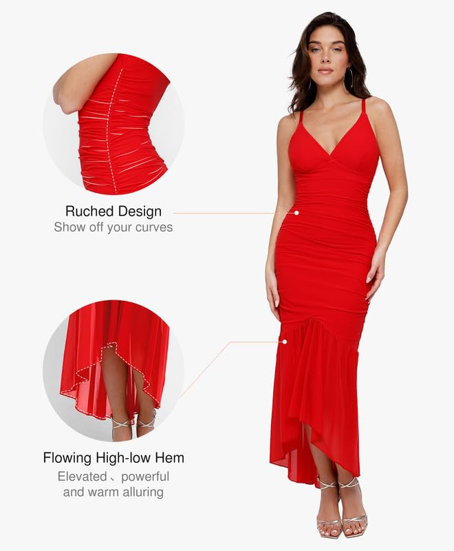 Image of Popilush Corset Dress Built in Shapewear Bodycon Cocktail Dresses for Women Wedding Guest Deep V Neck Mesh Ruched Maxi Dress