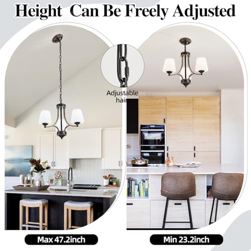 Image of 3 Light Farmhouse Chandelier with Milk White Frosted Glass Shades Black Dining Room Light Adjustable Height Ceiling Hanging Light Fixtures for Dinner Table, Kitchen Island, Entryway