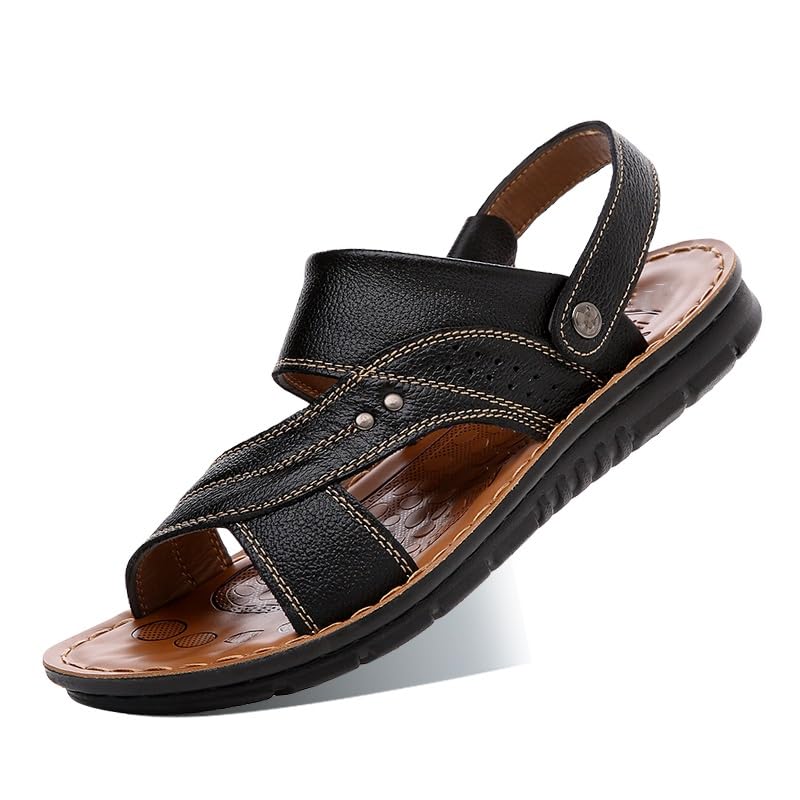 VOODUE Men's Sandals Men's Leather Beach Shoes Casual Men's Shoes Fashion Slippers Stripe Sandals Rubber Big Size Shoes (Color : Black, Size : 47 EU)