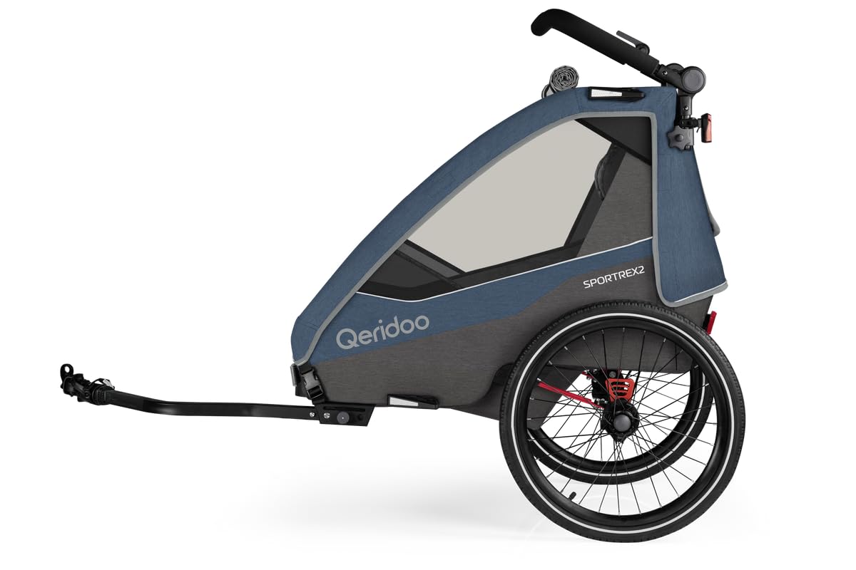 Qeridoo Sportrex Jeans Blue | Fahrradanhänger | Sicher & flexibel | Besonders gut als Trailer | Federung & 3-in-1-Verdeck | Fahrradanhänger Kinder | Fahrrad Anhänger | Kinderfahrradanhänger
