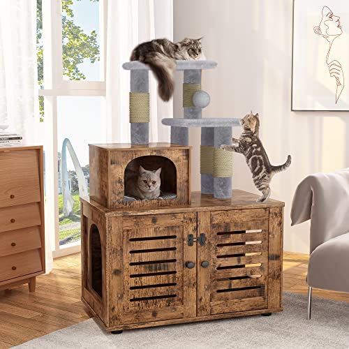 Lamerge Cat Litter Box Enclosure,Hidden Kitty Washroom,Multifuctional Enlarged Cat Litter Cabinet Cat House With Cat Tree Tower Scratching Post,Removable Divider,Rustic Brown #TOP2