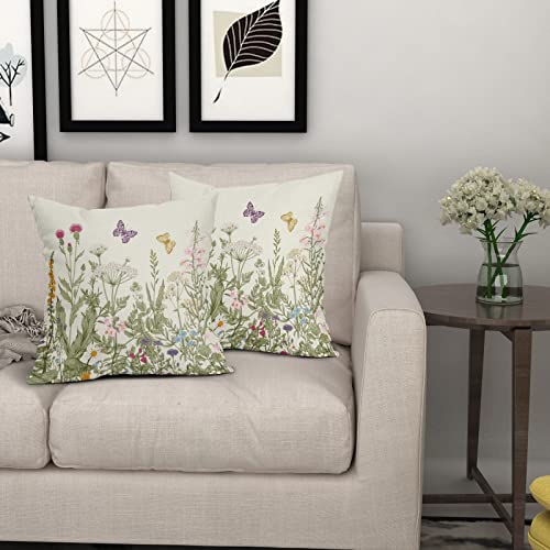 Spring Floral Pillow Covers 18X18 Set Of 2 Wildflower Sage Green Flowers Butterfly Print Decorative Throw Pillow Covers Linen Square Cushion Cover Rustic Decor For Picnic Party Wedding Living Room #TOP6