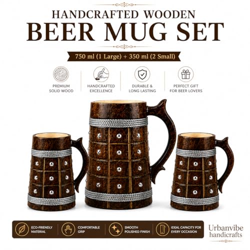 Image of Wooden Beer Bar Combo Set | Barrel Shaped Jumbo Mug with Metal Studs | 2 Small Beer Mugs 350ML (5 x 4 inches Each) & 1 Large Beer Jug 750ML