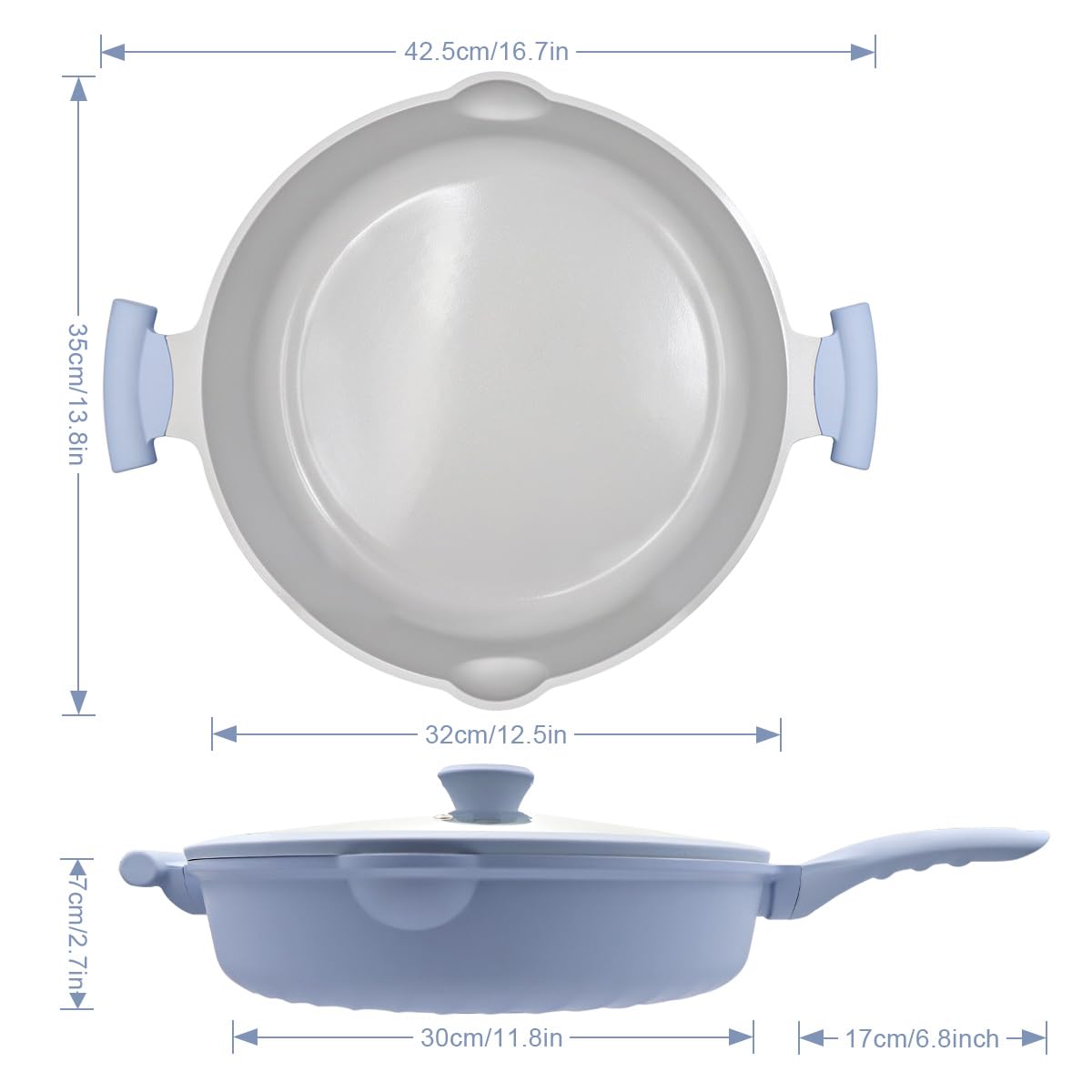 AIKENBBKK Padella in Ceramica 2 in 1 con Coperchio Padella con Rivestimento Antiaderente in Ceramica da 32 cm, Atossica, Senza PTFE e PFOA-Azzurro