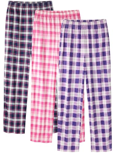 IHU 3 Pack Girls Pajama Pants Soft Cute Print Plaid Pattern PJ Bottoms Kids Lounge Sleep Pants Sleepwear with Pockets Purple Plaid Pink Plaid Navy Plaid 12-14 Years