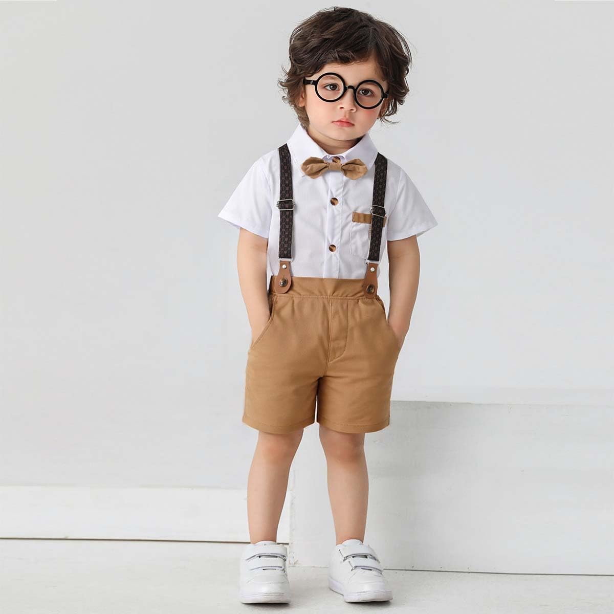 Boarnseorl Baby Boys Gentleman Outfits Shorts Sets,Infant Shirt + Shorts + Bow Tie + Suspenders