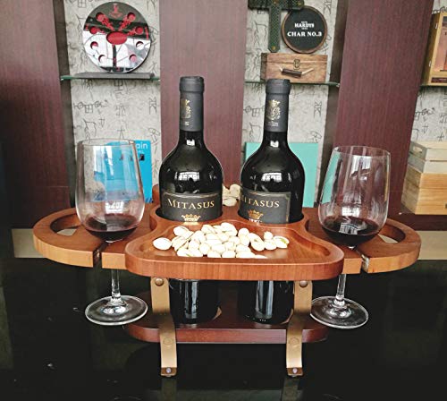 Soporte para vino con 4 copas y 2 botellas de madera miniatura 3