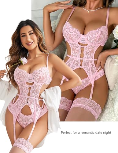 Image of Avidlove Women's Underwire Lingerie Set with Garter Belt Sexy Lace Bodysuit Cut Out Rhinestone Teddy Lingerie (No Stockings)
