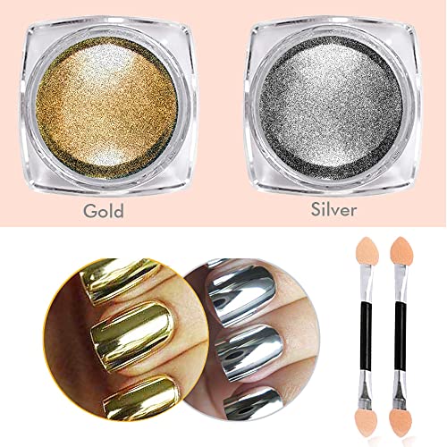 Nail Powder Hisight 2 Pcs Nail Art Mirror Glitter Chrome Pigment Powder Dust Nail Sequins Gold Silver Color Nail Art Tools With Sponge Stick ×2 (Silver Gold) #TOP1