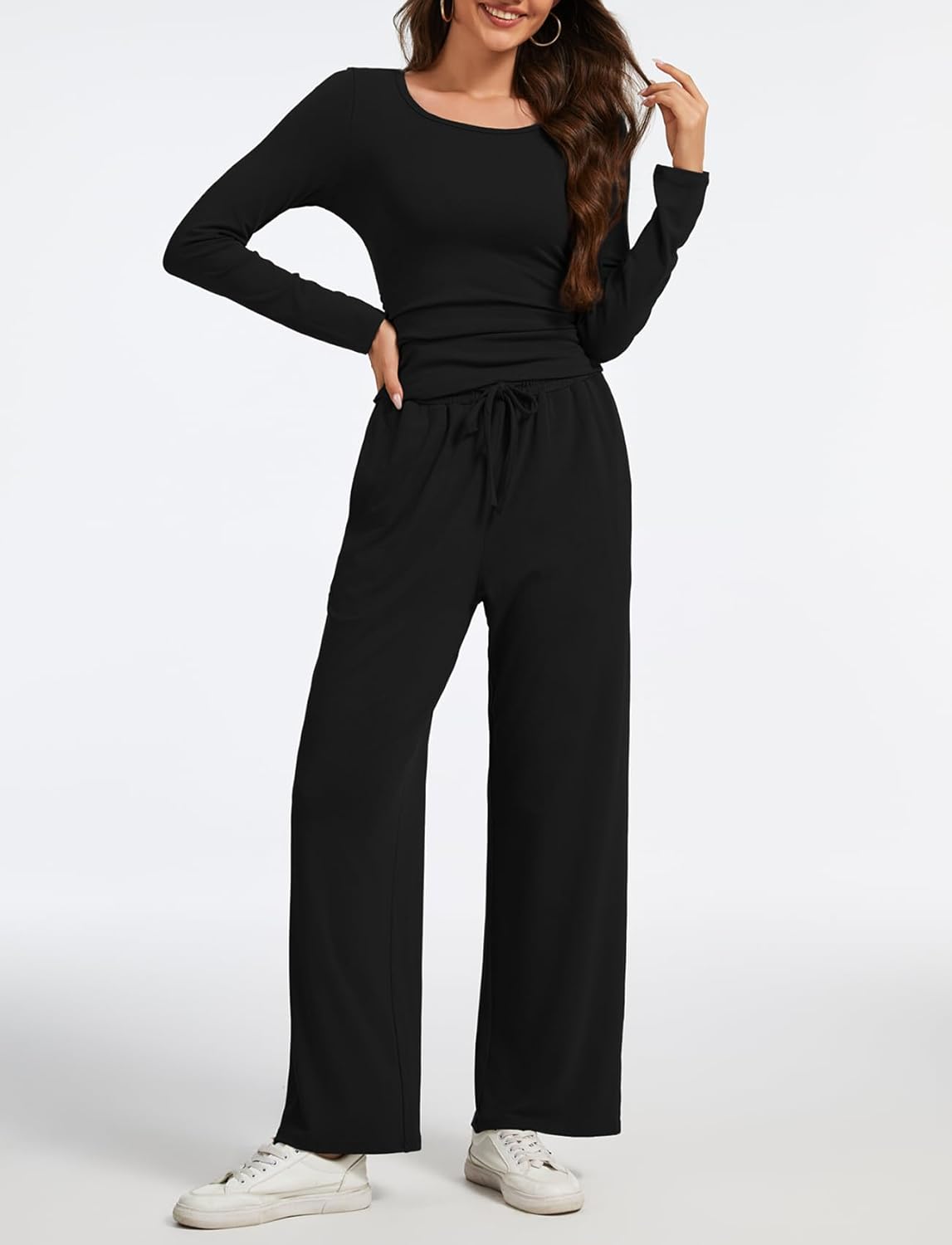 Women’s 2 Piece Lounge Set – Long Sleeve Ruched Top & Wide Leg Pants, Casual Matching Outfit for Travel & Spring Fall - Image 3