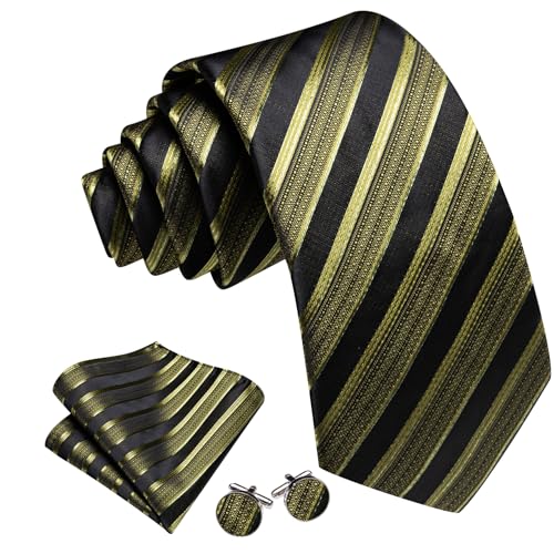 Image of Barry.Wang Man Stripe Ties Set Silk Woven Pocket Square Necktie Cufflinks Formal Party Business