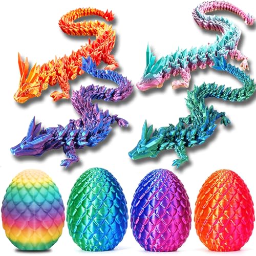 Qxbuhe 4pcs 3D Printed Dragon Egg ,3D Dragon Flexible Joints Toys, 3D Printed Animals Exquisite Cute Pet Toy, 3D Printed Articulated Flexible Fidget Toy, Adults Fidget Toys (Laser Red)