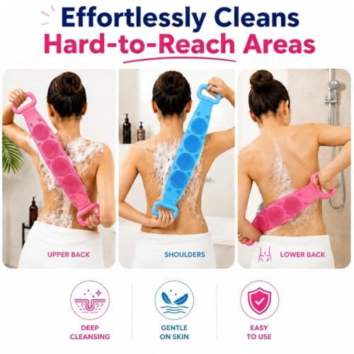 Image of Casa Zura Back Scrubber for Bathing, Silicone Body Scrubber for Bathing, Bath Belt Scrubber, Body Back Scrubber for Men & Women, Long Silicone Bath Brush for Exfoliating & Deep Cleaning, Pack of 2 multicolour