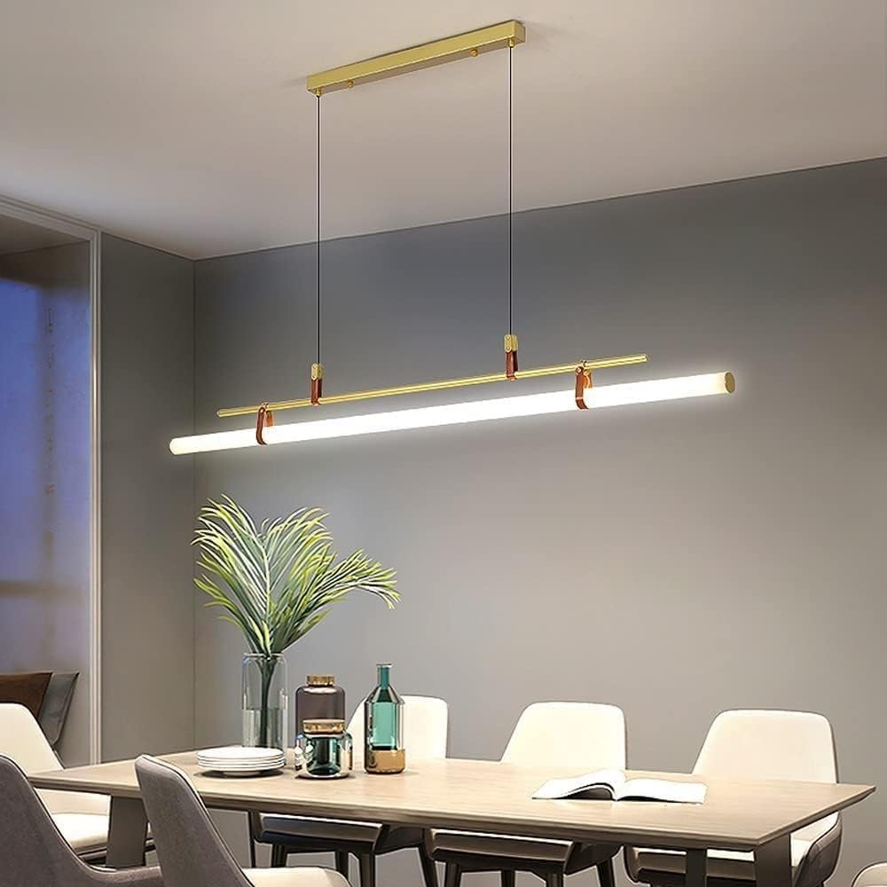 Nordic Minimalist Led Linear Light 46W Strip Hanging Ceiling Light Tube Suspended Chandelier Kitchen Island Lighting Fixture for Dining Room Breakfast Bar Living Room/K
