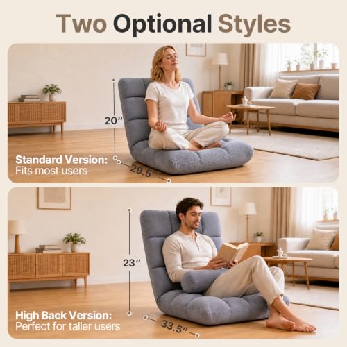 Image of HOPERAN Adjustable Floor Chair, 6-Poistion High-Back Floor Gaming Sofa Chair with Back Support, Folding Floor Chair for Adults, Couch Recliner, Floor Meditation Chair, Comfy Foldable Floor Seat, Grey
