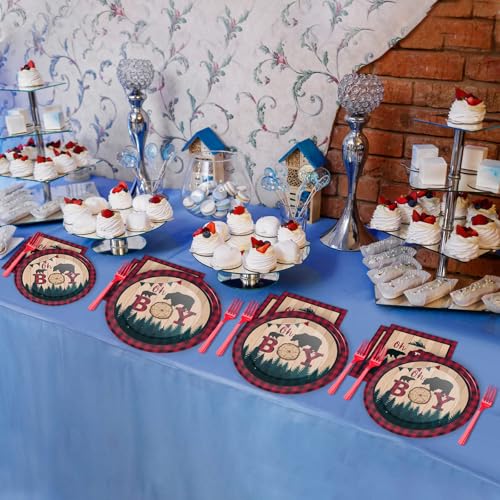 Image of gisgfim 96 Pcs Buffalo Plaid Lumberjack Party Plates and Napkins Party Supplies Boy Red Plaid Party Tableware Set Christmas Decorations Favors for Birthday Baby Shower for 24 Guests