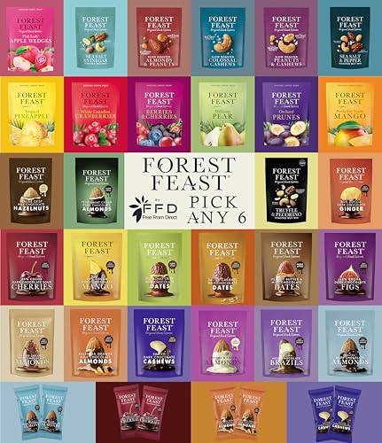 Forest Feast Pick Any 6 from 27 Varieties - Including Dried Mango Chocolate Brazil Nuts and Chocolate Almonds. Handcrafted Artisan Luxury Snacks.