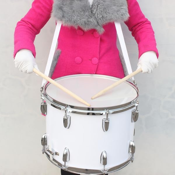 14 x 10 Inches Marching Drum with Drumsticks, Key & Strap – White (School Band Percussion Instrument)