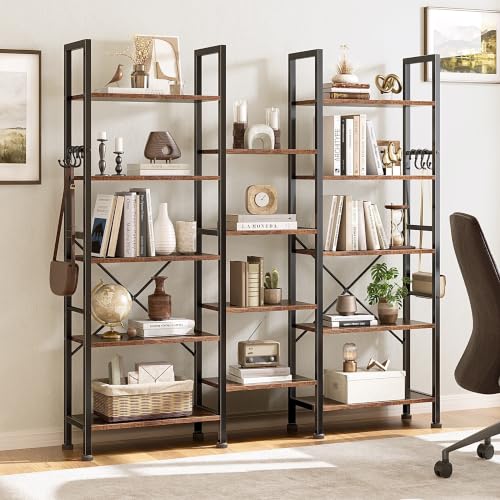 Image of Furologee Triple Column 5 Tier Bookshelf, Large Bookcase with 14 Display Shelves, Adjustable Book Shelf with 6 Hooks, Rustic Bookshelves Storage Organizer, Shelving Unit for Living Room, Bedroom