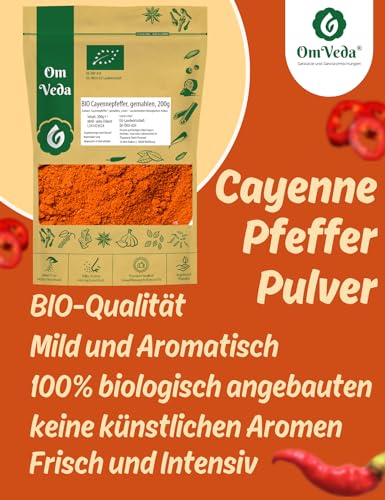 BIO Cayennepfeffer gemahlen 200g | Cayenne Chili Pfeffer schonend getrocknet und gemahlen | Cayenne Pfeffer Pulver Ideal für Suppen, Saucen, Fleischgerichte | BIO-Qualität | OmVeda